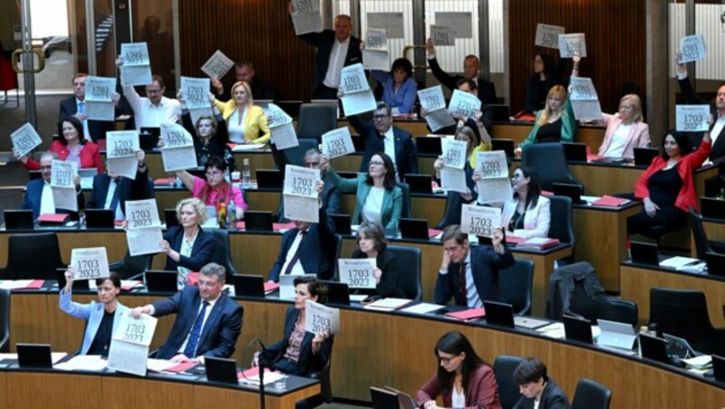 Mit Ausgaben der „Wiener Zeitung“ in den Händen protestierten die SPÖ-Abgeordneten gegen deren Einstellung als täglich erscheinende Druckzeitung. (Bild: APA/ROLAND SCHLAGER)