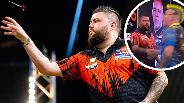 Michael Smith (li.) nennt das Verhalten von Peter Wright „seltsam“. (Bild: GEPA, Screenshot DAZN)