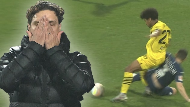 Dortmund-Coach Edin Terzic (li.) war fassungslos, warum es bei dieser Szene keinen Elfmeter gab. (Bild: APA/AFP/INA FASSBENDER/DAZN-Screenshot/krone.at-kreativ)