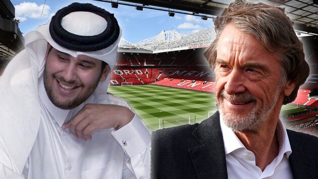 Scheich Jassim bin Hamad Al Thani (li.) und der britische Milliardär Jim Ratcliffe ringen um die Übernahme von Manchester United. (Bild: ASSOCIATED PRESS/APA/AFP/krone.at-kreativ)