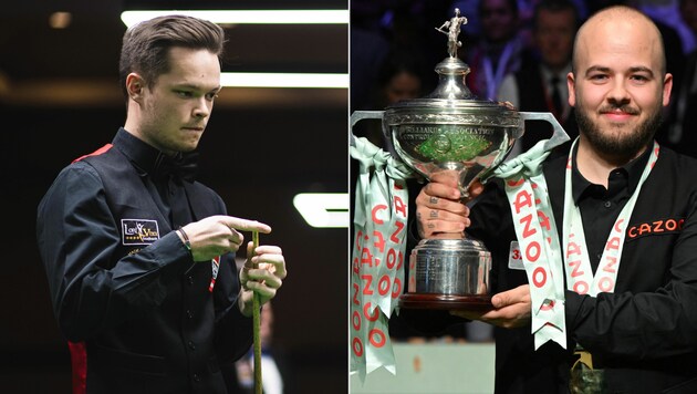 Österreichs Snooker-Star Florian Nüssle (li.) bekommt es bei den „Vienna Snooker Open“ auch mit dem amtierenden Weltmeister Luca Brecel zu tun. (Bild: GEPA/APA/AFP/krone.at-kreativ)