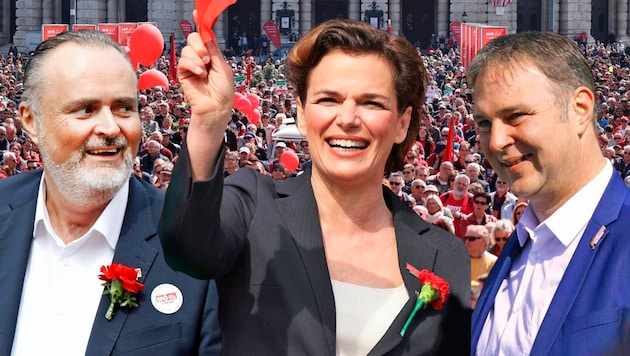 Hans Peter Doskozil, Pamela Rendi-Wagner und Andreas Babler (v.l.) (Bild: APA Krone KREATIV,)