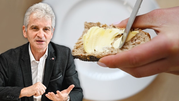 Dass Österreichs größte Molkerei - hier Chef Josef Braunshofer - den Butterpreis öffentlichkeitswirksam senkte, sorgte im Jänner für Aufsehen. (Bild: Markus Wenzel, Krone KREATIV)