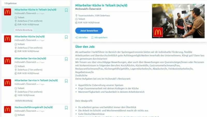 McDonalds sucht nach Mitarbeitern für einen Standort in Zederhaus - den es nicht gibt. (Bild: Screenshot/hokify.com)