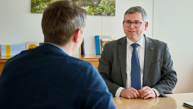 ÖVP-Landesrat Ludwig Schleritzko traf „Krone“-Redakteur Nikolaus Frings zum Gespräch. (Bild: NLK Pfeiffer)