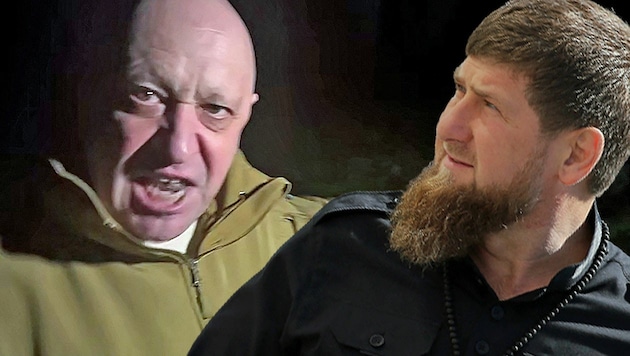 Prigoschin will seine Söldner von der Bachmut-Front abziehen, Kadyrows Männer könnten einspringen. (Bild: APA/AFP/TELEGRAM/ @concordgroup_official/Handout, APA/SPUTNIK/Sergei SAVOSTYANOV, Krone KREATIV)