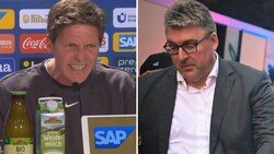 Oliver Glasner (li.) und Eintracht-Boss Axel Hellmann (Bild: APA/AFP/POOL/Sebastian Gollnow/Sky-Screenshot/krone.at-kreativ)