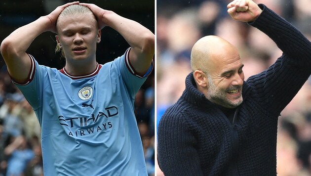 Erling Haaland (li.) und Pep Guardiola (Bild: APA/AFP/krone.at-kreativ)