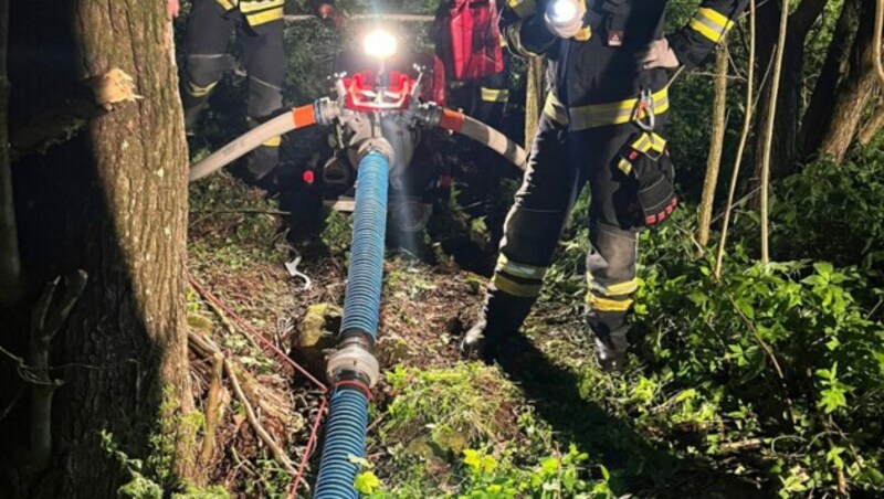 Die Freiwillige Feuerwehr Lasberg pumpte die ausgelaufene Gülle über Nacht ab. (Bild: FF Lasberg)