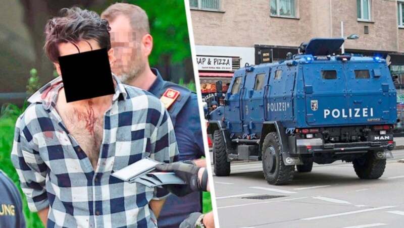 Der Mordverdächtige wurde kurze Zeit nach der Tat festgenommen, auch der Panzerwagen der Polizei-Eliteeinheit Cobra war im Einsatz. (Bild: Peter Tomschi, Krone KREATIV)