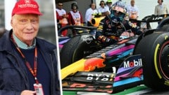 Max Verstappen (re.) gelingt in Miami ein seltenes Kunststück. Der letzte Pilot, der von Rang neun noch zum Sieg fuhr, war Niki Lauda (li.). (Bild: APA/AFP/POOL/CHANDAN KHANNA, GEPA)