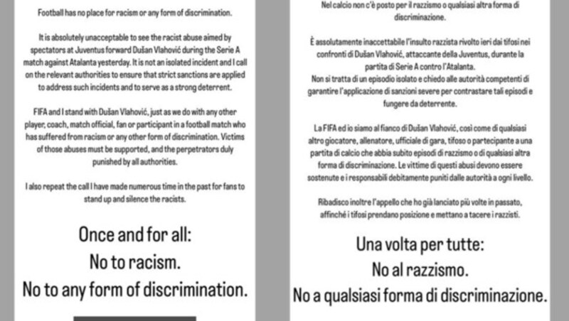 Gianni Infantino kritisierte den Rassismus-Vorfall in seiner Instagram-Story. (Bild: Instagram/gianni_infantino)