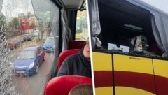 Millwall-Anhänger attackierten den Bus der Blackburn-Fans. (Bild: twitter.com/lofty316, facebook.com/Red Rose Travel)