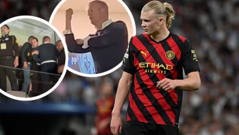 Alf-Inge Haaland, der Vater von ManCity-Star Erling Haaland, gerät mit den Real-Fans aneinander. (Bild: APA/AFP/OSCAR DEL POZO, youtube.com/@TheXPress)