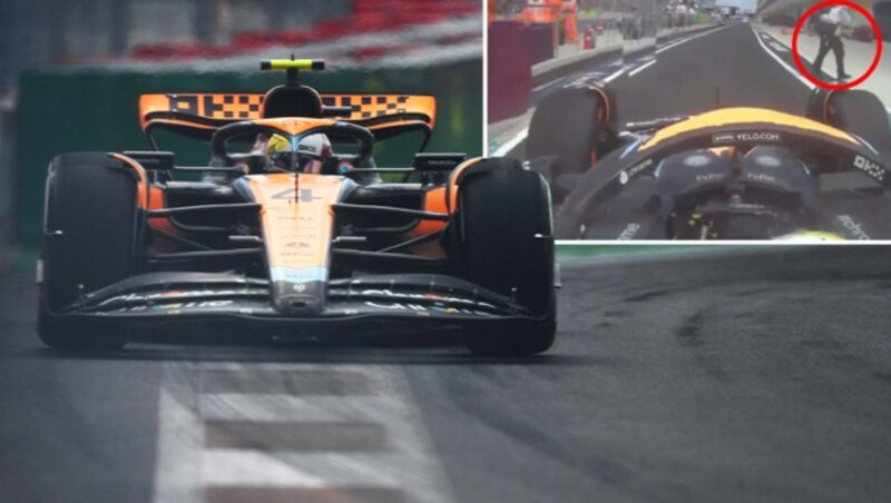 McLaren-Pilot Lando Norris kam in Miami einem Fotografen gefährlich nahe. (Bild: APA/Getty Images via AFP/GETTY IMAGES/Rudy Carezzevoli, twitter.com/VanGamerenF1)