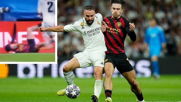 Dani Carvajal und Jack Grealish lieferten sich harte Zweikämpfe. (Bild: AP, twitter.com/nocontextfooty)