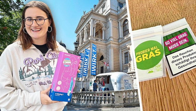 Spitzenkandidatin Sarah Rossmann verteilte Vibratoren und CBD in Säckchen vor der Hauptuni in Wien. (Bild: GRAS, Klemens Groh, Krone KREATIV)