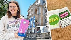 Spitzenkandidatin Sarah Rossmann verteilte Vibratoren und CBD in Säckchen vor der Hauptuni in Wien. (Bild: GRAS, Klemens Groh, Krone KREATIV)