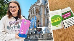 Spitzenkandidatin Sarah Rossmann verteilte Vibratoren und CBD in Säckchen vor der Hauptuni in Wien. (Bild: GRAS, Klemens Groh, Krone KREATIV)