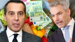 „Sie vergessen: Die Armut war unter dem sozialdemokratischen Bundeskanzler Christian Kern (links) höher“, schoss der Kanzler (rechts) in Richtung Armin Wolf. (Bild: Malena Brenek APA/HANS PUNZ APA/Florian Wieser Krone KREATIV)