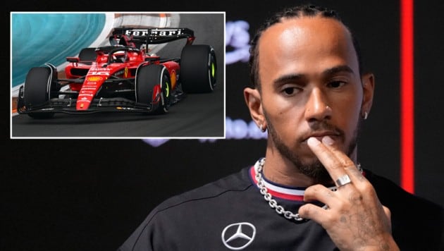 Es wäre ein ungewohntes Bild: Lewis Hamilton in einem Ferrari. (Bild: APA/AFP/krone.at-Grafik)