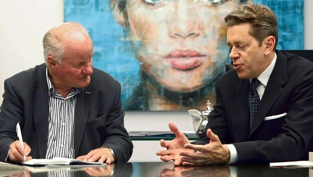 Wirtschaftskammer-Präsident Harald Mahrer (rechts) beim Interview mit dem stv. „Krone“-Chefredakteur Georg Wailand (Bild: Jöchl Martin)