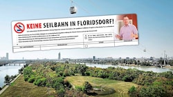 Bezirkschef Georg Papai will keine Seilbahn in Floridsdorf haben und sammelt Unterschriften. (Bild: Genial Tourismus- & Projektentwicklung GmbH, BV Floridsdorf, Krone KREATIV)