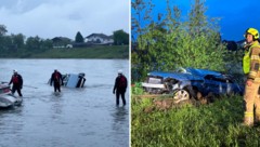 Die Bergung des hellblauen Audi TT gestaltete sich aufgrund der starken Strömung sehr schwierig. (Bild: zoom.tirol)