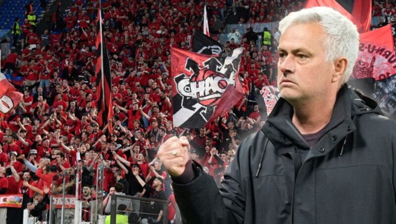 Bei den Bayer-Fans kam die „Beton-Taktik“, die Roma-Coach Jose Mourinho den EL-Finaleinzug bescherte, gar nicht gut an. (Bild: ASSOCIATED PRESS/krone.at-kreativ)