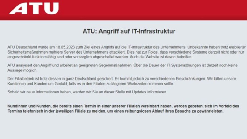 Verschiedene Systeme der Werkstattkette sind derzeit nicht oder nur eingeschränkt funktionsfähig oder wurden vorsorglich abgeschaltet. (Bild: ATU)