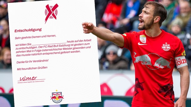 Andreas Ulmer unterschreibt ein Blanko-Entschuldigungsformular. (Bild: GEPA pictures, Facebook.com/FC Red Bull Salzburg)