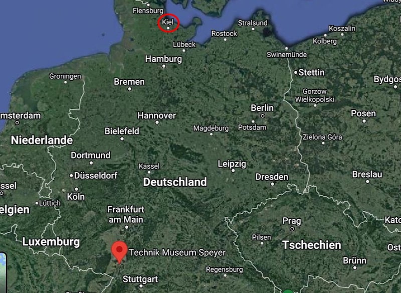 Nach etwa drei Wochen Transportzeit hat das U-Boot seinen neuen Bestimmungsort erreicht. (Bild: Google Maps (Screenshot), Krone KREATIV)