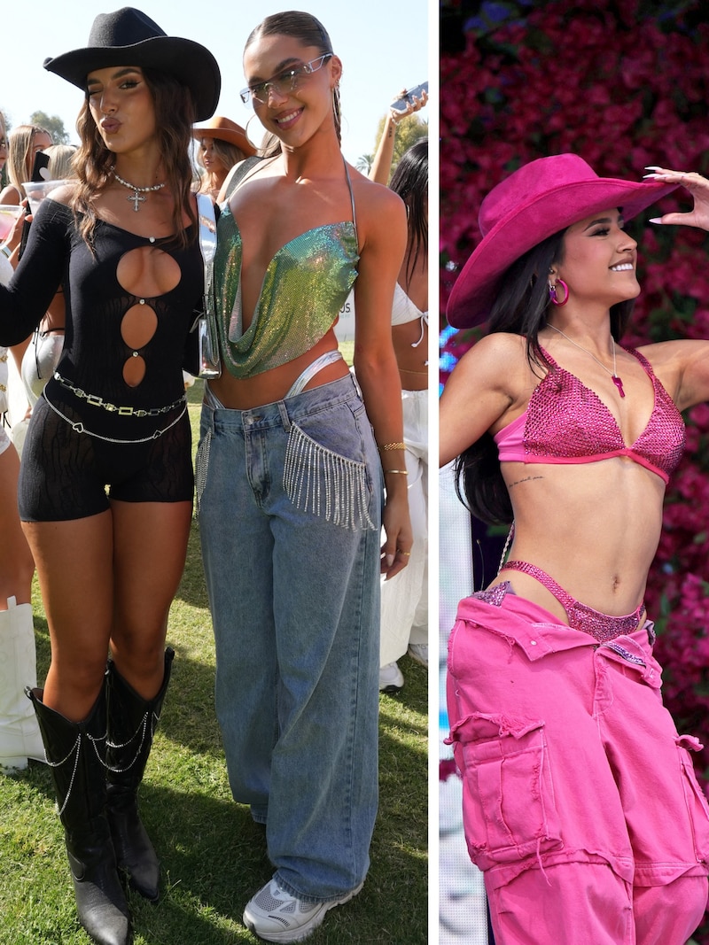 Sängerin Becky G (26, rechts) performt beim Coachella-Festival komplett in Pink. Dabei vereint sie gleich mehrere unserer Trend-Teile: Lässige Cargo-Hose, das Höschen sichtbar darüber und dazu einen coolen Cowboy-Hut. (Bild: APA/Getty Images via AFP/GETTY IMAGES/Gonzalo Marroquin // APA/Michael loccisano)