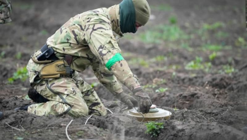 In der Ukraine muss eine doppelt so große Fläche wie in Österreich entmint werden. Die Regierung stellt dafür jetzt vier Millionen Euro zur Verfügung (Archivbild). (Bild: AP Photo/Efrem Lukatsky, File)