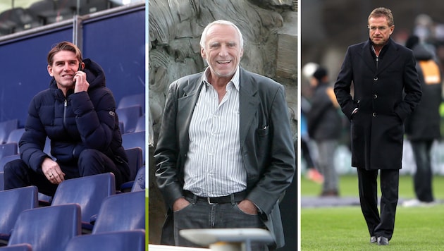 Waren verantwortlich für den Erfolg des FC Red Bull Salzburg in den vergangenen zehn Jahren: Christoph Freund, Didi Mateschitz und Ralf Rangnick. (Bild: GEPA, Andreas Tröster, Krone Kreativ)