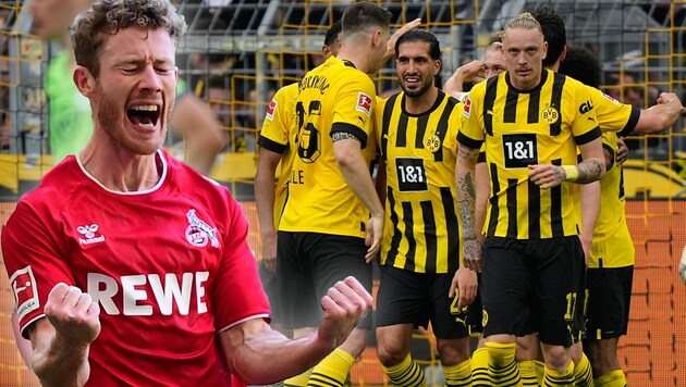 Der 1. FC Köln, Klub von ÖFB-Star Florian Kainz (li.), könnte beim Meistertitel der Dortmunder mitjubeln. (Bild: GEPA/Associated Press/krone.at-kreativ)