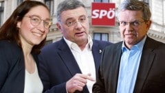 Von links: Julia Herr ist in einer Win-win-Situation, Jörg Leichtfried droht der Verlust des Postens des SPÖ-Vizeklubchefs und Christian Deutsch muss auf einen Sieg von Andreas Babler hoffen. (Bild: APA, Krone KREATIV)