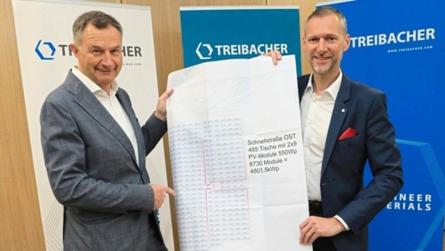 Los miembros de la junta Rainer Schmidtmayer y Rene Haberl presentan el plan para el sistema fotovoltaico.  (Imagen: Rojsek-Wiedergut Uta)