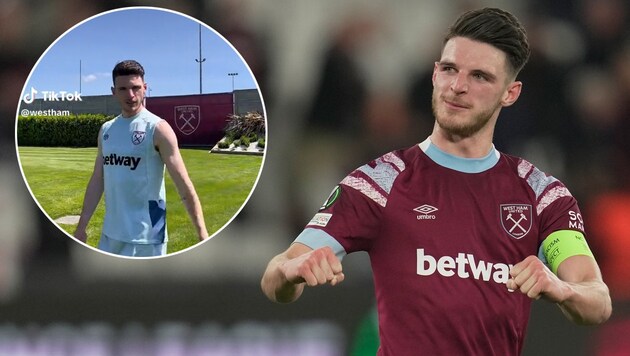 Ein TikTok-Clip von Declan Rice sorgt für Aufsehen im Netz. (Bild: Associated Press/TikTok.com/westham/krone.at-kreativ)