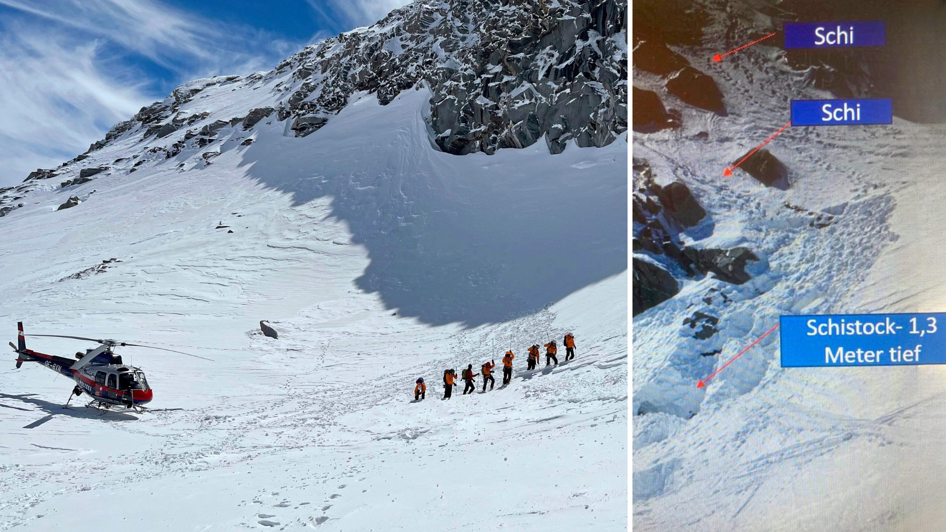 Beide Skier hat man in einer steilen Flanke unter dem Gipfel gefunden, darunter einen Skistock. Vom Vermissten fehlt jedoch weiter jede Spur. (Bild: zoom.tirol, Alpinpolizei)