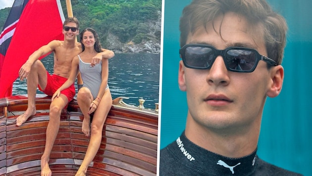 George Russell links mit Freundin Carmen, rechts in Rennmontur (Bild: AP, Instagram.com/georgerussell63)