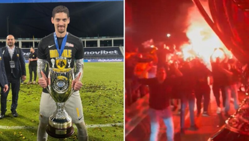 Cican Stankovic hält den Pokal in der Hand, wenig später wurde er im Bus auf der Autobahn von feiernden Fans abgefangen. (Bild: zVg.)