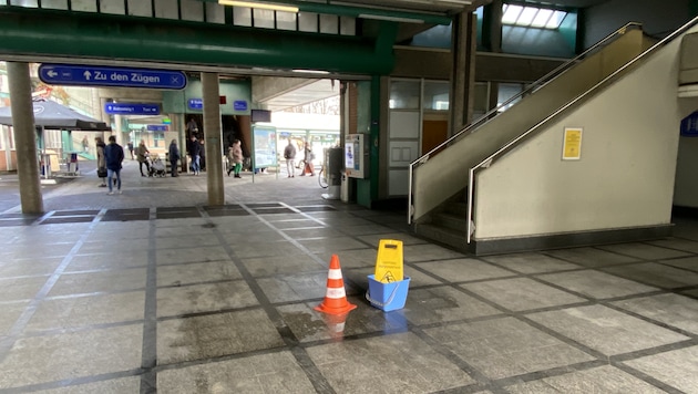 Der Wasserkübel am Bregenzer Bahnhof steht seit mittlerweile fast 20 Jahren an dieser Stelle – erst war er grün, jetzt ist er blau. (Bild: sos)