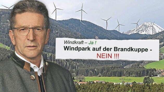 Auf der Brandkuppe könnte ein neuer Windpark entstehen, in der Anrainergemeinde Gaal (im Bild Bgm. Friedrich Fledl) regt sich jedoch Widerstand. (Bild: Verbund, Gemeinde Gaal Krone KREATIV,)