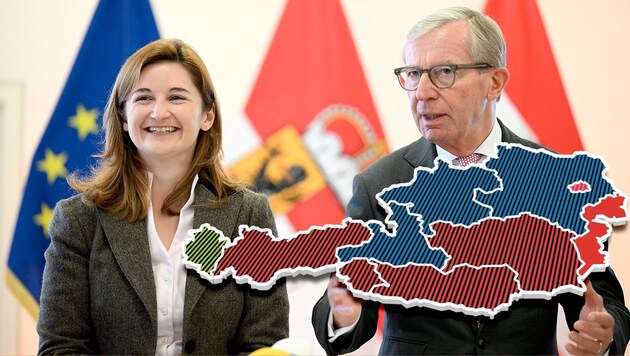 Marlene Svazek (FPÖ, links) hat gut lachen: Die politische Landkarte Österreichs wird immer blauer. (Bild: APA/Barbara Gindl, stock.adobe.com, Krone KREATIV)
