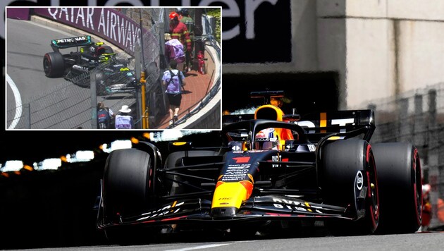 Lewis Hamilton (li.) rutschte in der Mirabeau-Kurve geradeaus in die Mauer. Verstappen erzielt Bestzeit im 3. Freien Training. (Bild: Associated Press/Twitter.com/F1/krone.at-kreativ)
