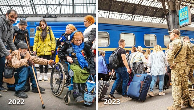 Vor einem Jahr strandeten Tausende Flüchtlinge am Bahnhof in Lemberg - mittlerweile herrscht dort normaler Betrieb, nur Soldaten erinnern an Putins Angriffskrieg. (Bild: Sepp Pail, Krone KREATIV)