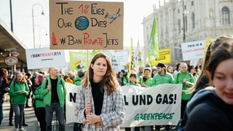 Umweltaktivisten von Greenpeace machen gegen die Fliegerei der Reichen mit Demos mobil. (Bild: Mitja Kobal/Greenpeace)