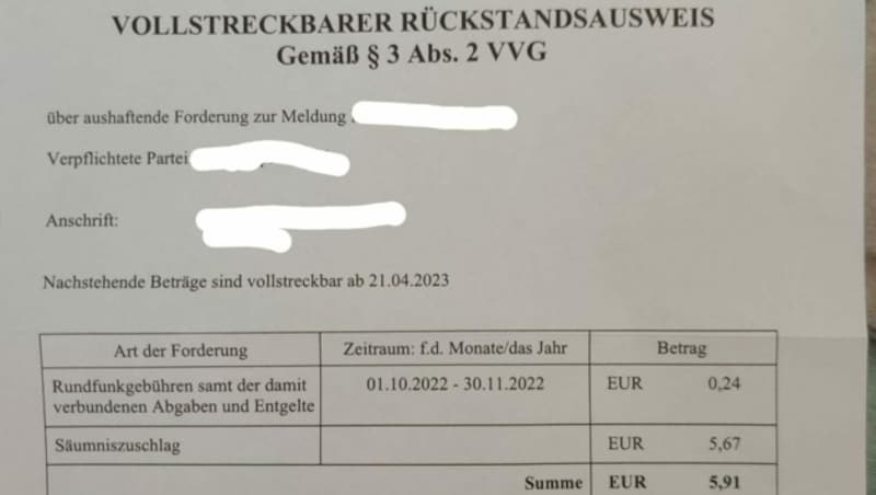 Abgesehen von den offenen 0.24 Cent sind nun auch 5.67 Euro Säumniszuschlag zu bezahlen. (Bild: „Kronen-Leserreporter“)