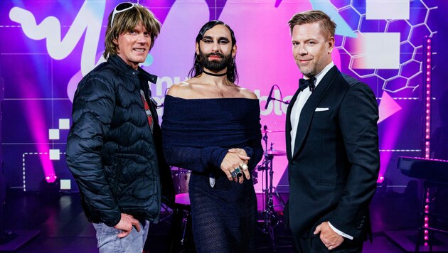 In der ersten Folge der neuen Staffel von „Music Impossible“ treffen Mickie Krause und Tom Gaebel bei Conchita Wurst aufeinander. (Bild: ZDF / Michael Clemens.)